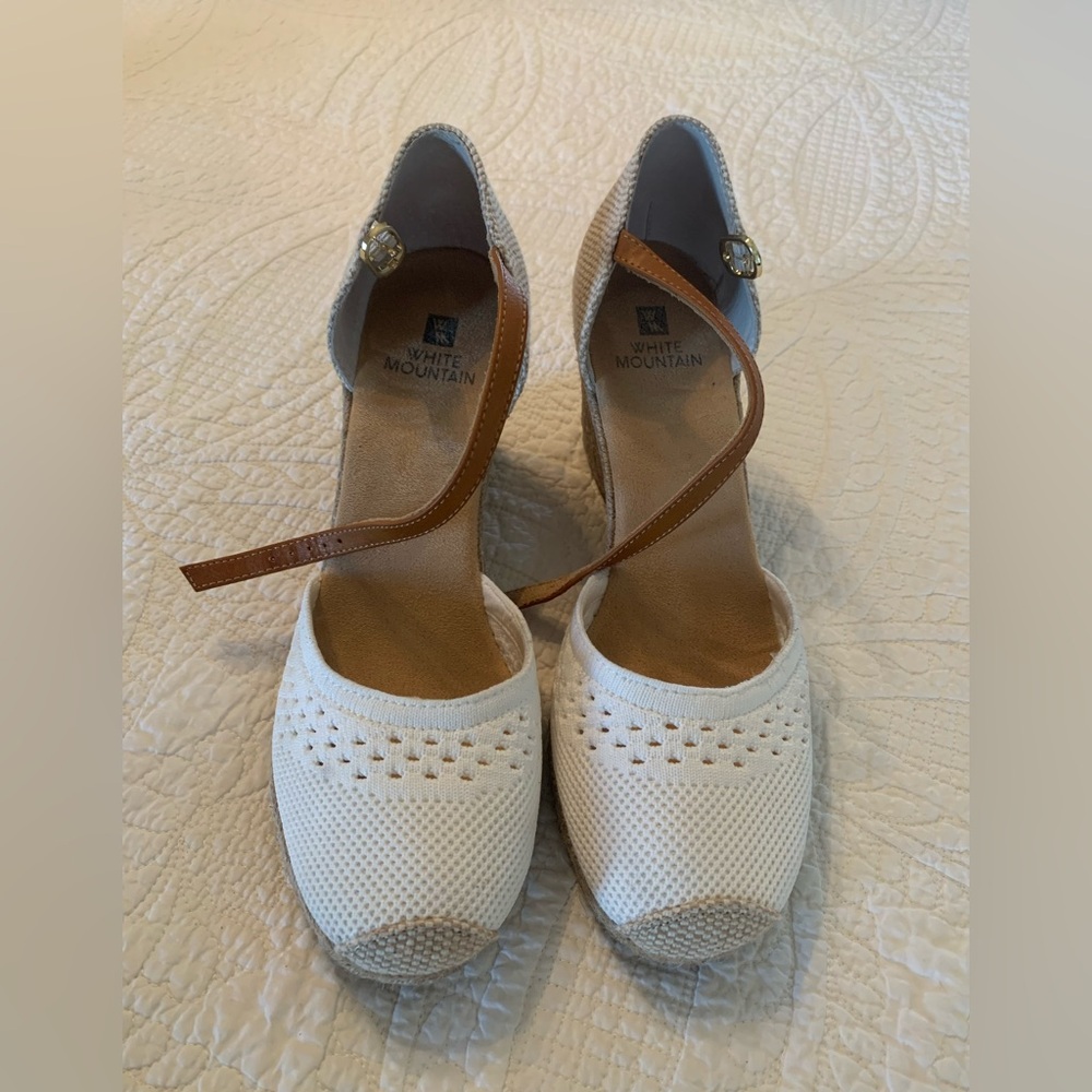 White Mountain White and Tan Espadrille Ankle-Strap Wedges - Picture 2 of 5